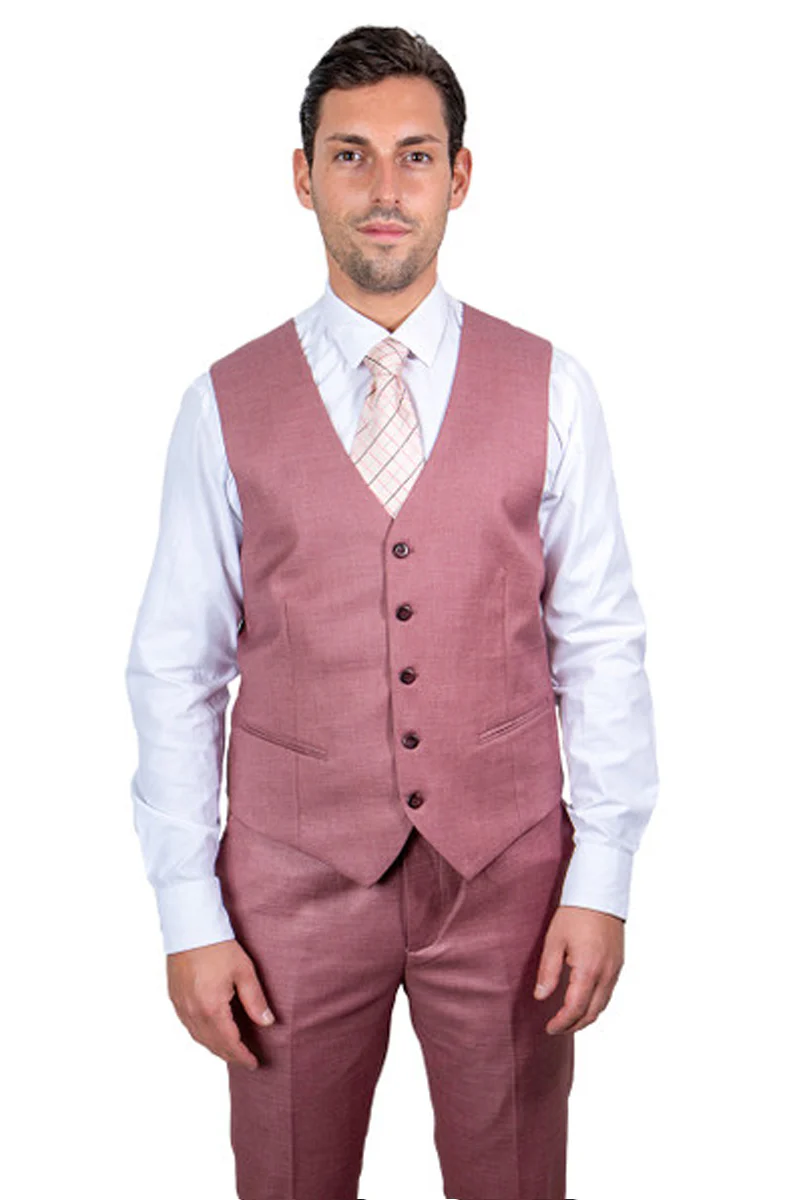Men's One Button Peak Lapel Vested Stacy Adams Sharkskin Suit in Salmon Pink - Image 3