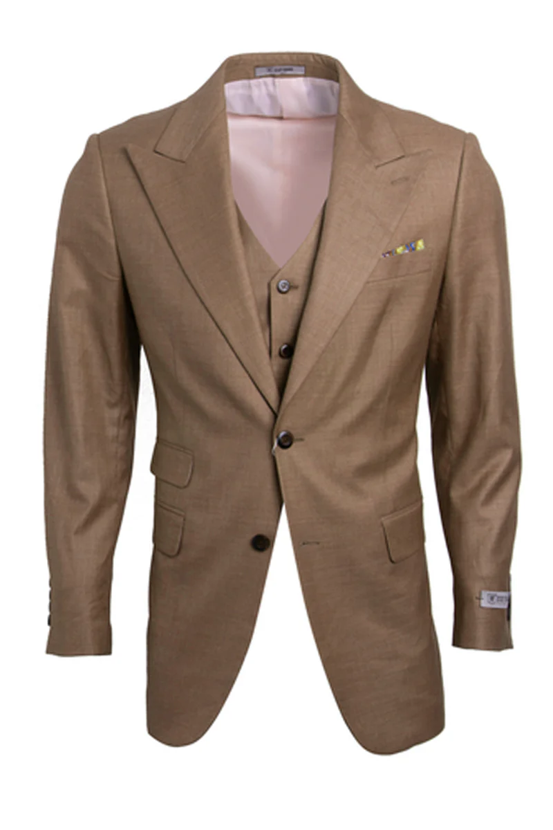 Men's One Button Peak Lapel Vested Stacy Adams Sharkskin Suit in Taupe - Image 2