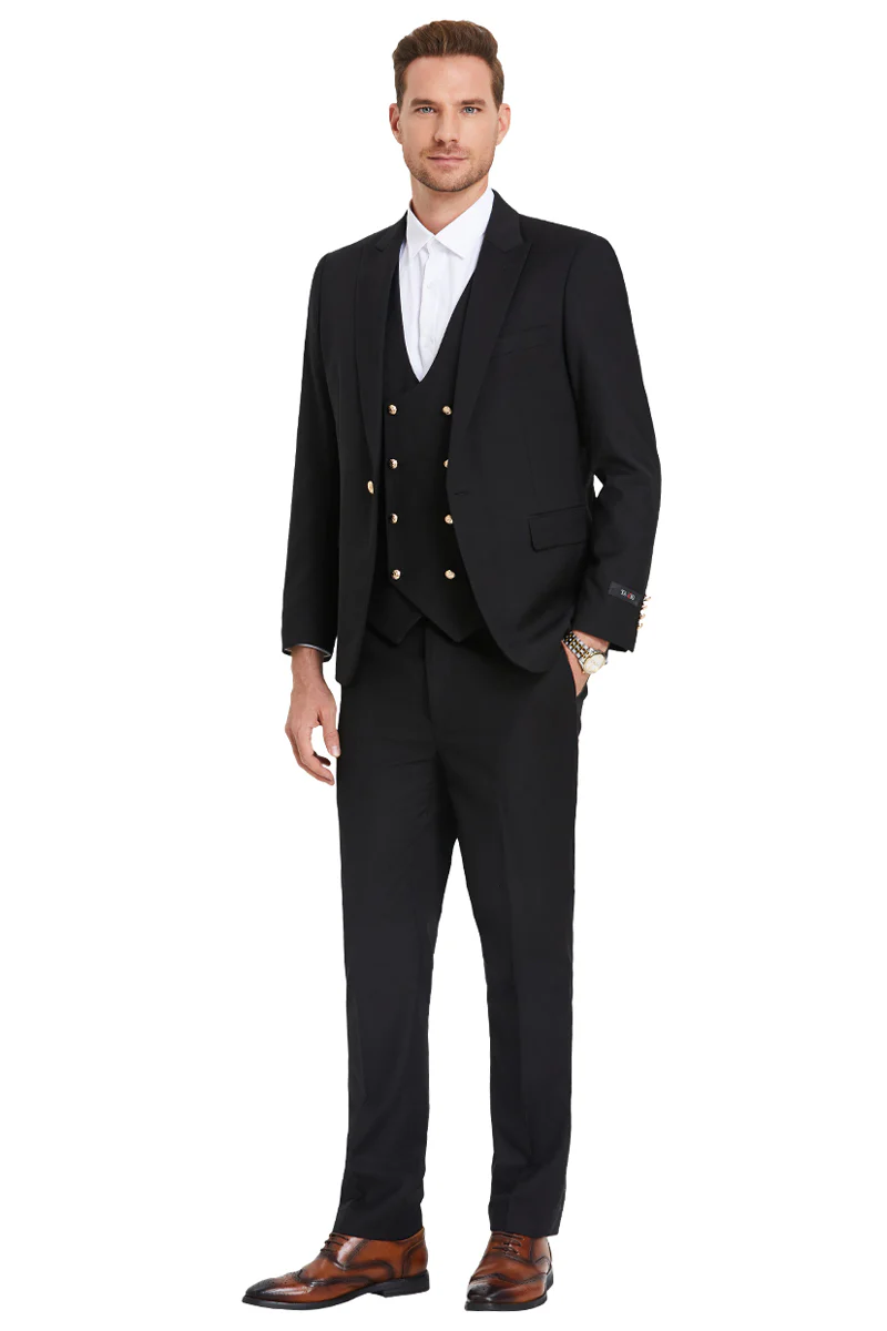 Men's One Button Peak Lapel Vested Suit with Gold Buttons in Black - Image 2