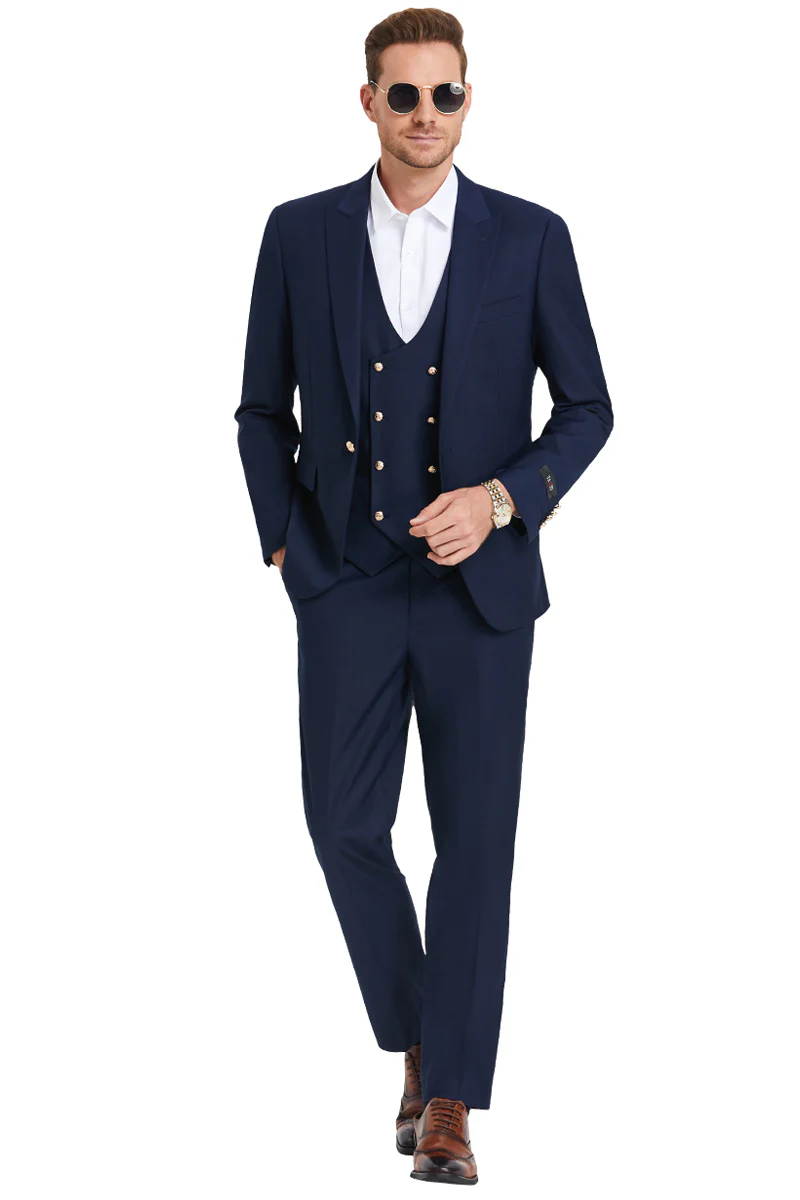 Men's One Button Peak Lapel Vested Suit with Gold Buttons in Navy Blue - Image 2