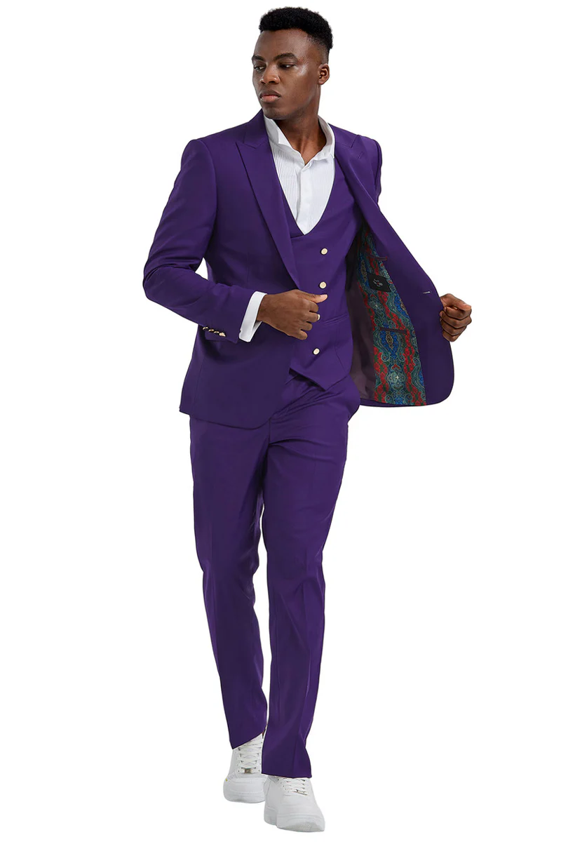Men's One Button Peak Lapel Vested Suit with Gold Buttons in Purple - Image 2