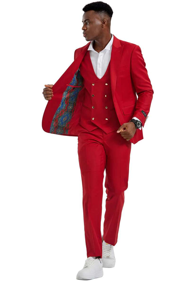 Men's One Button Peak Lapel Vested Suit with Gold Buttons in Red - Image 2