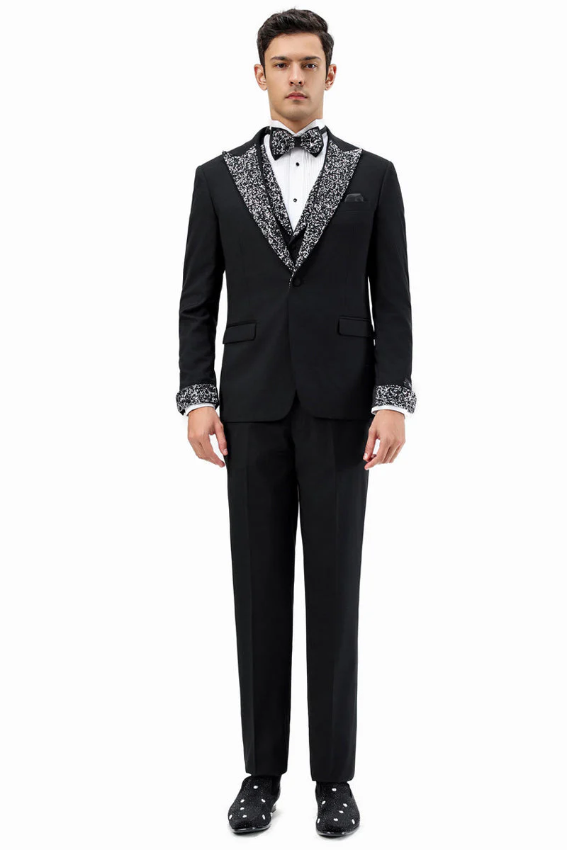 Men's One Button Rhinestone Peak Lapel Vested Prom Tuxedo in Black - Image 2