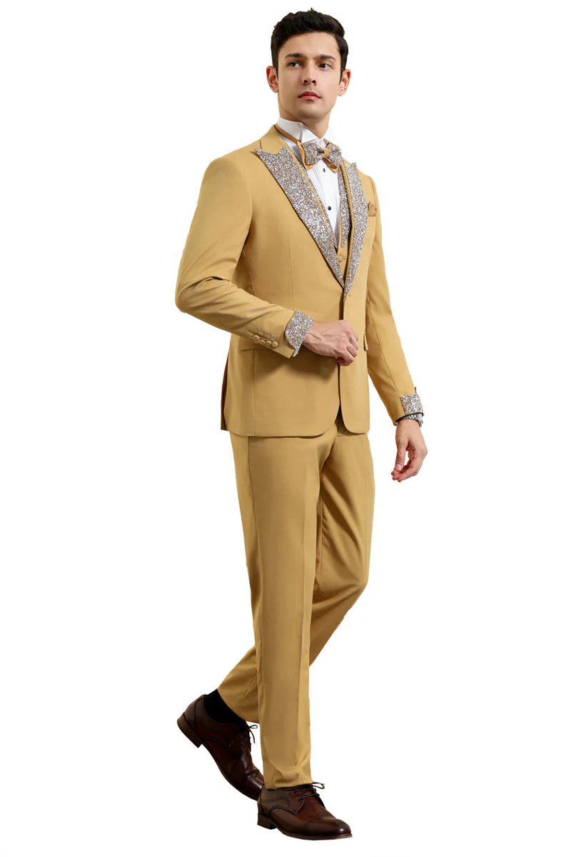 Men's One Button Rhinestone Peak Lapel Vested Prom Tuxedo in Champagne - Image 2
