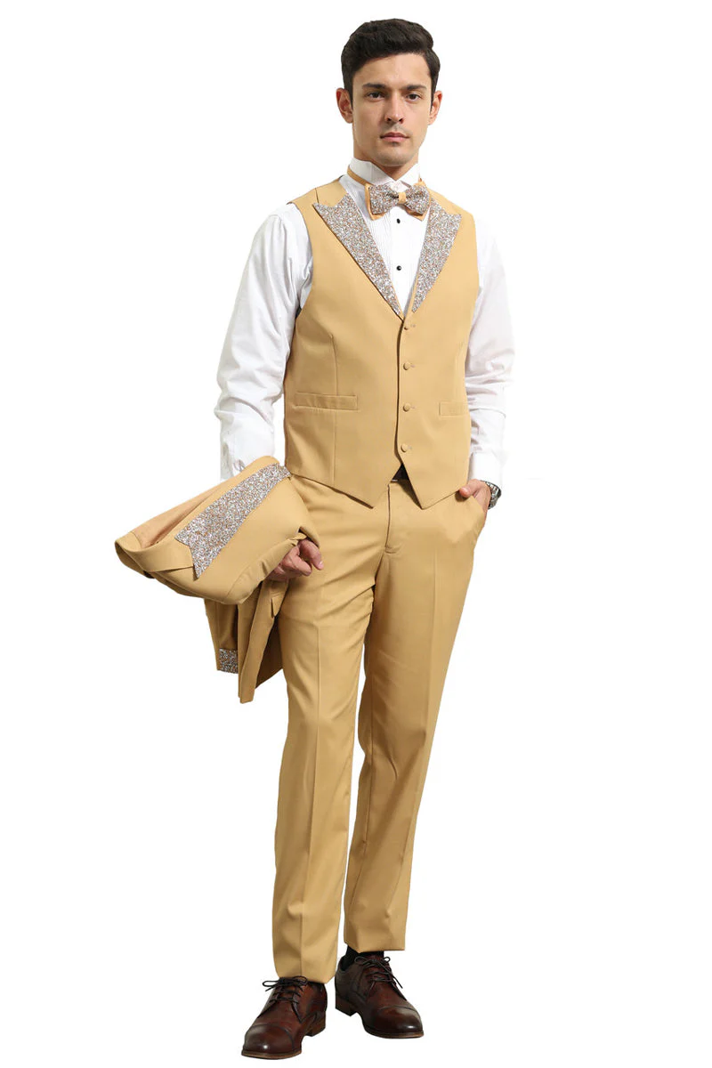 Men's One Button Rhinestone Peak Lapel Vested Prom Tuxedo in Champagne - Image 3