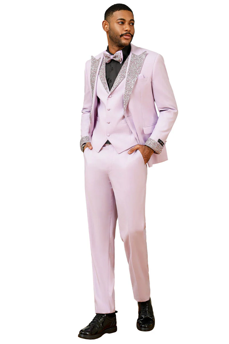 Men's One Button Rhinestone Peak Lapel Vested Prom Tuxedo in Lavender - Image 2