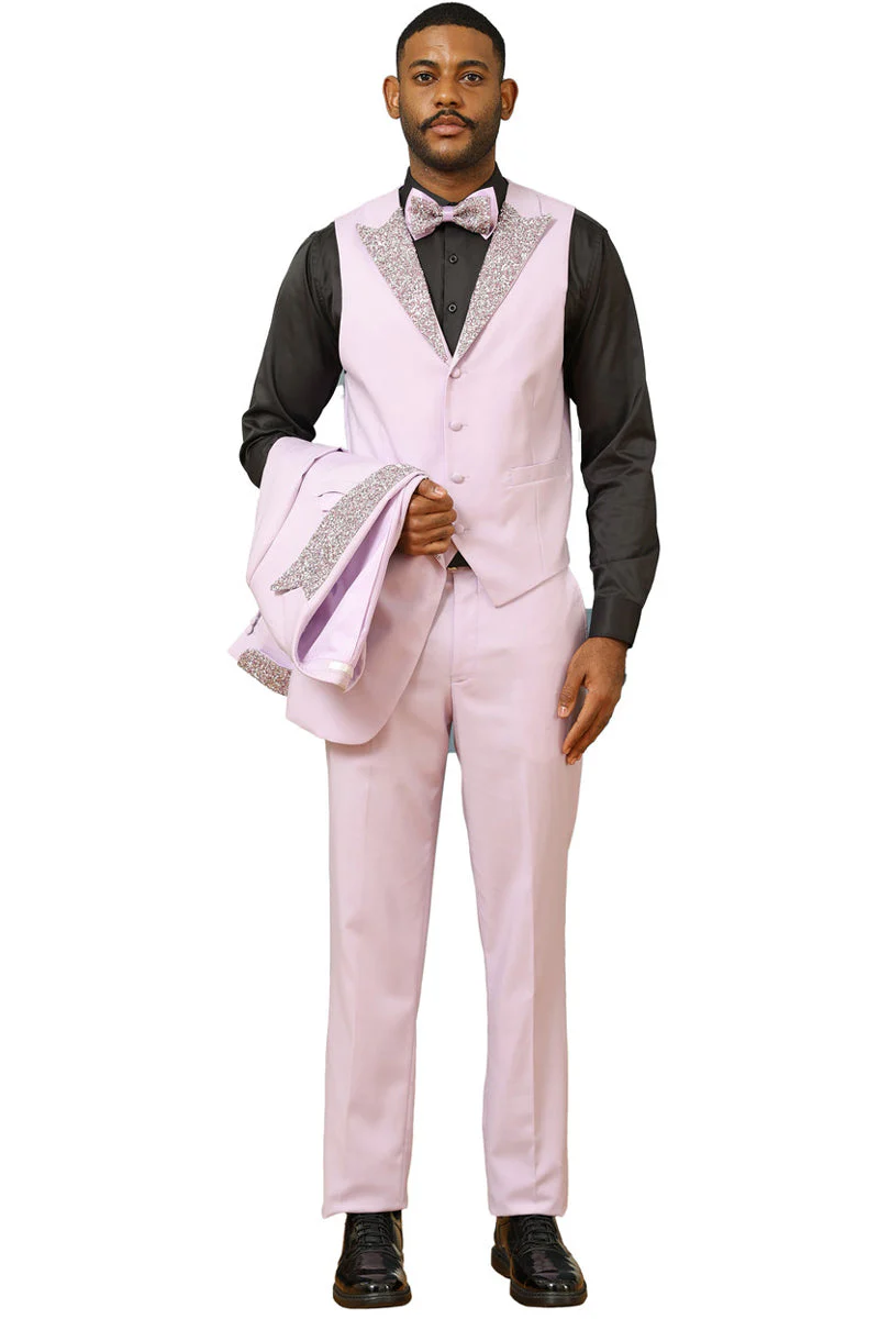 Men's One Button Rhinestone Peak Lapel Vested Prom Tuxedo in Lavender - Image 3
