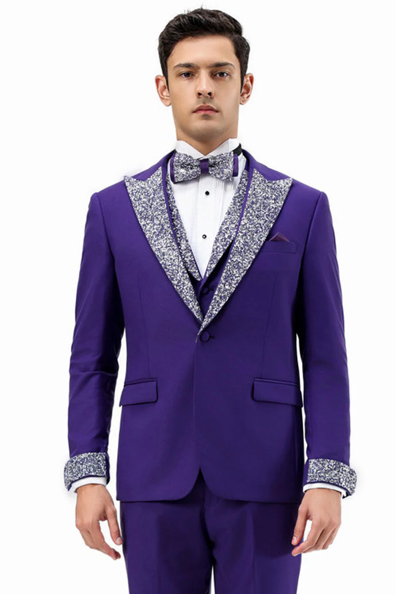 Men's One Button Rhinestone Peak Lapel Vested Prom Tuxedo in Purple