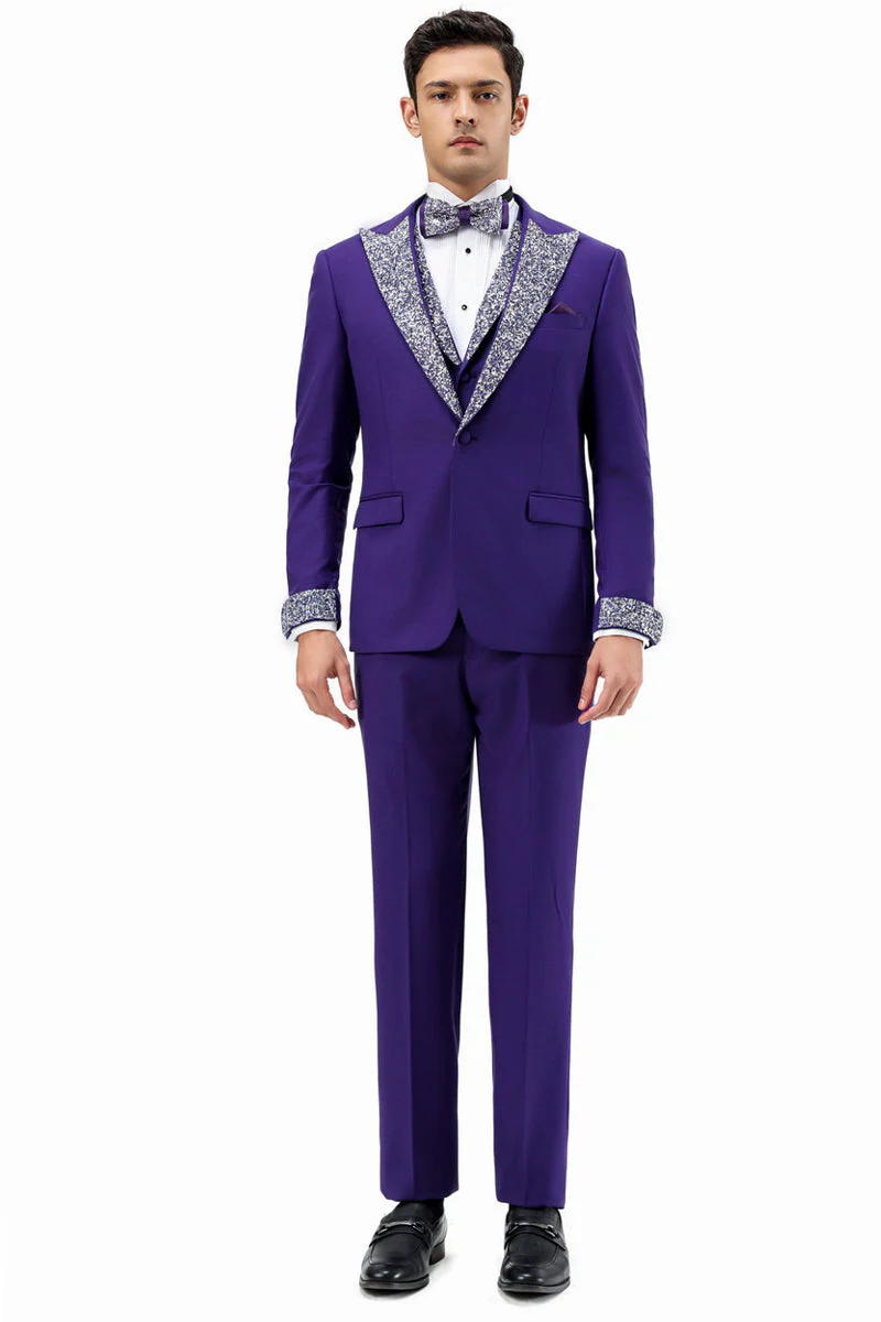 Men's One Button Rhinestone Peak Lapel Vested Prom Tuxedo in Purple - Image 2