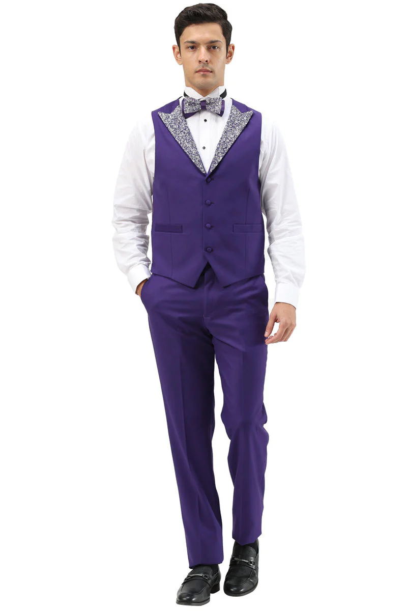 Men's One Button Rhinestone Peak Lapel Vested Prom Tuxedo in Purple - Image 3