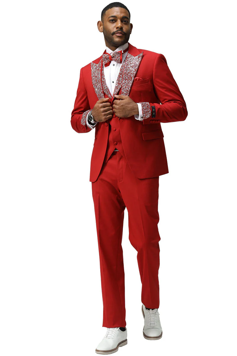 Men's One Button Rhinestone Peak Lapel Vested Prom Tuxedo in Red - Image 2