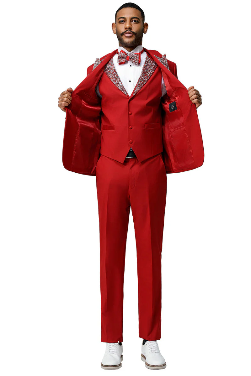 Men's One Button Rhinestone Peak Lapel Vested Prom Tuxedo in Red - Image 3