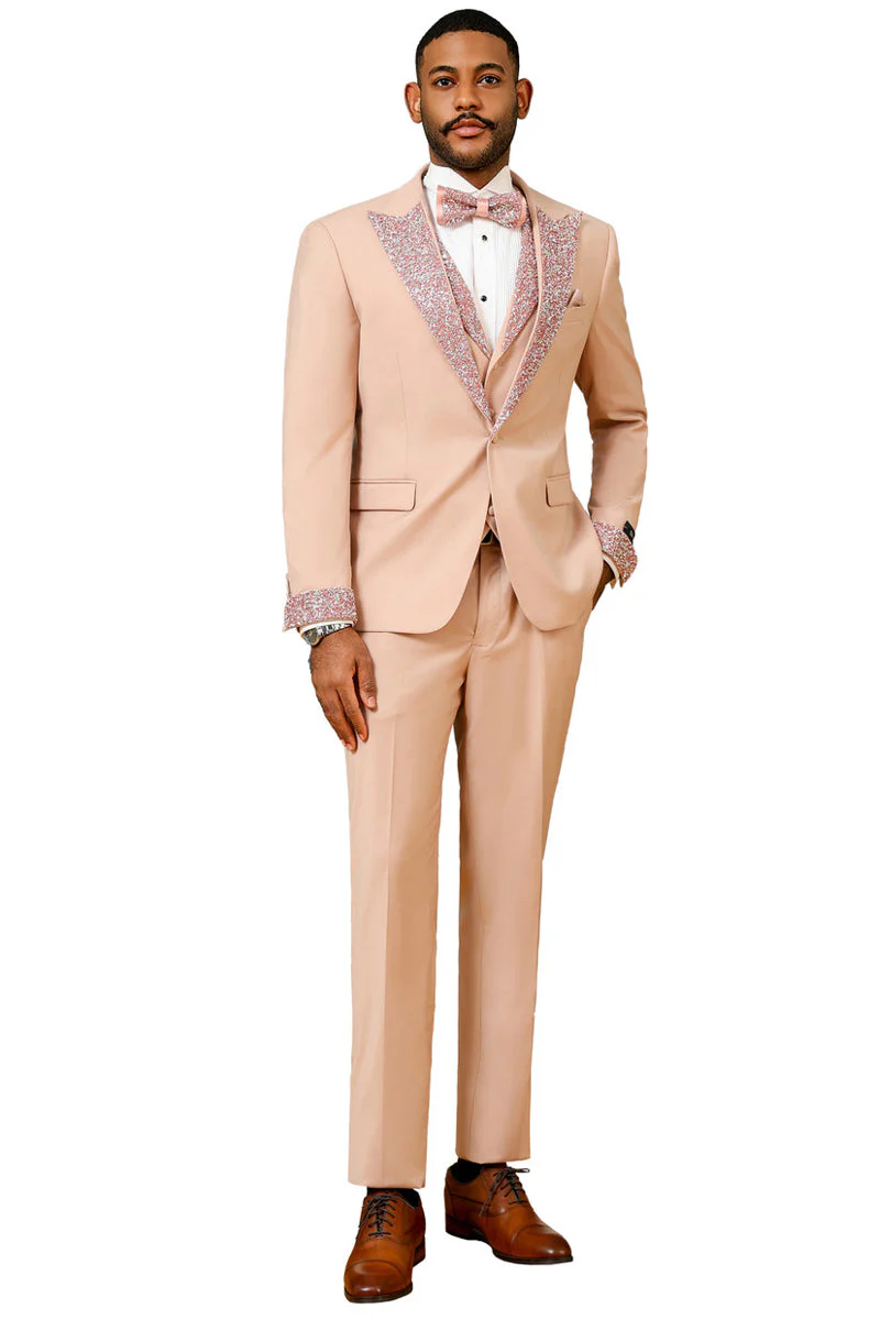 Men's One Button Rhinestone Peak Lapel Vested Prom Tuxedo in Rose Gold - Image 2