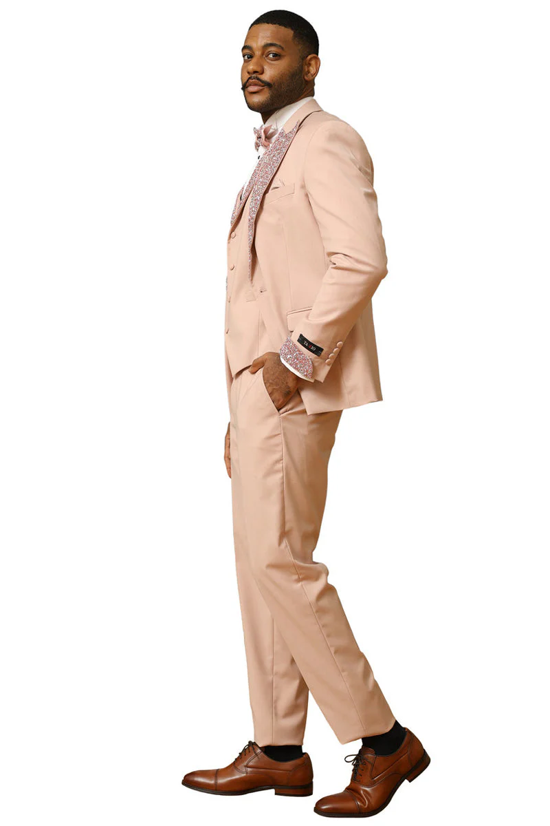 Men's One Button Rhinestone Peak Lapel Vested Prom Tuxedo in Rose Gold - Image 3