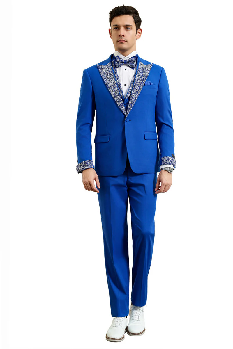 Men's One Button Rhinestone Peak Lapel Vested Prom Tuxedo in royal Blue - Image 2