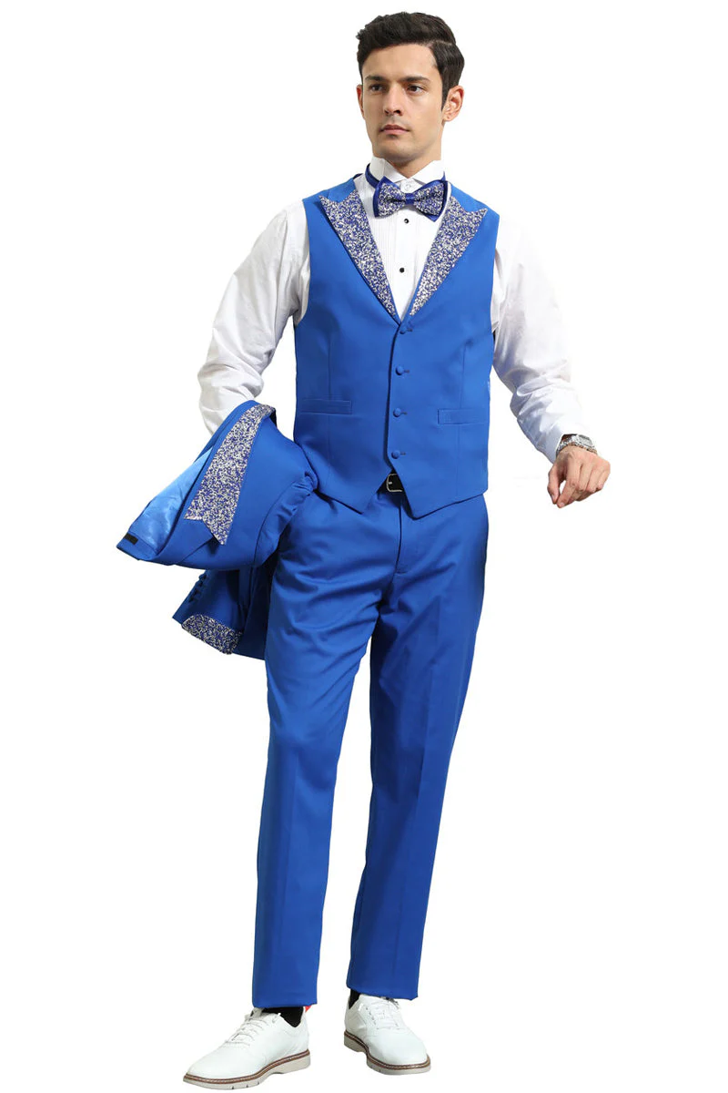 Men's One Button Rhinestone Peak Lapel Vested Prom Tuxedo in royal Blue - Image 3