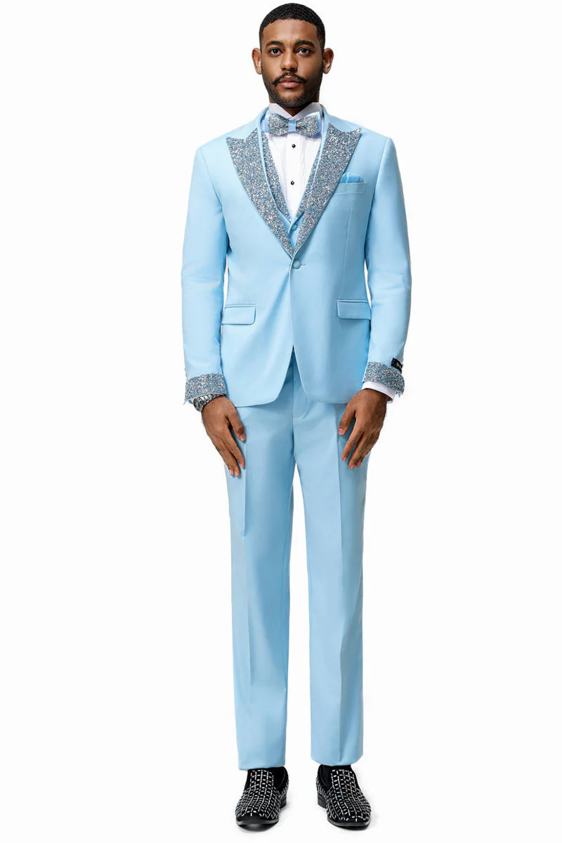 Men's One Button Rhinestone Peak Lapel Vested Prom Tuxedo in Sky Blue - Image 2