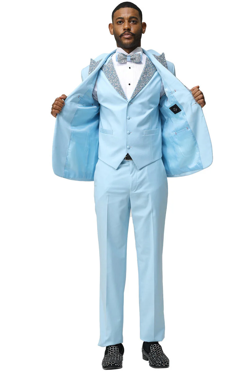 Men's One Button Rhinestone Peak Lapel Vested Prom Tuxedo in Sky Blue - Image 3