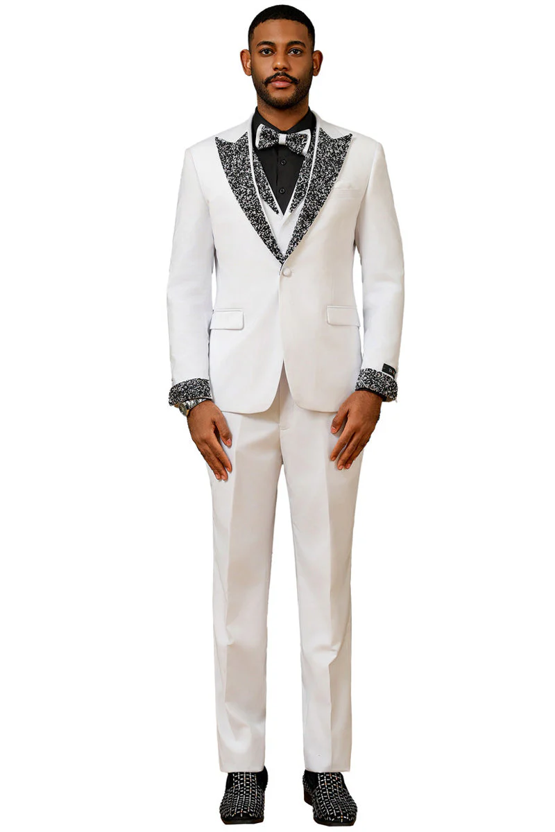 Men's One Button Rhinestone Peak Lapel Vested Prom Tuxedo in White - Image 2