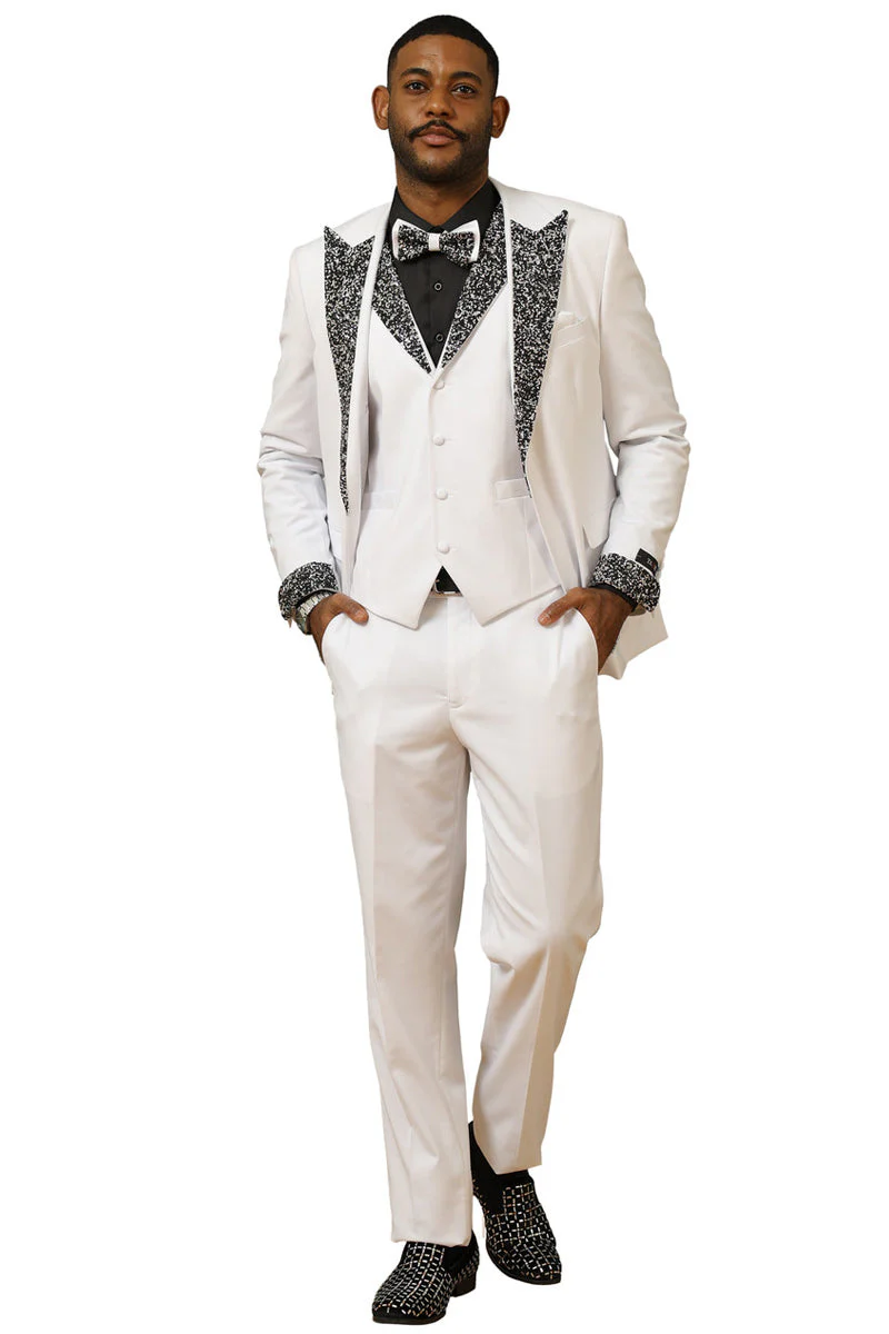 Men's One Button Rhinestone Peak Lapel Vested Prom Tuxedo in White - Image 3