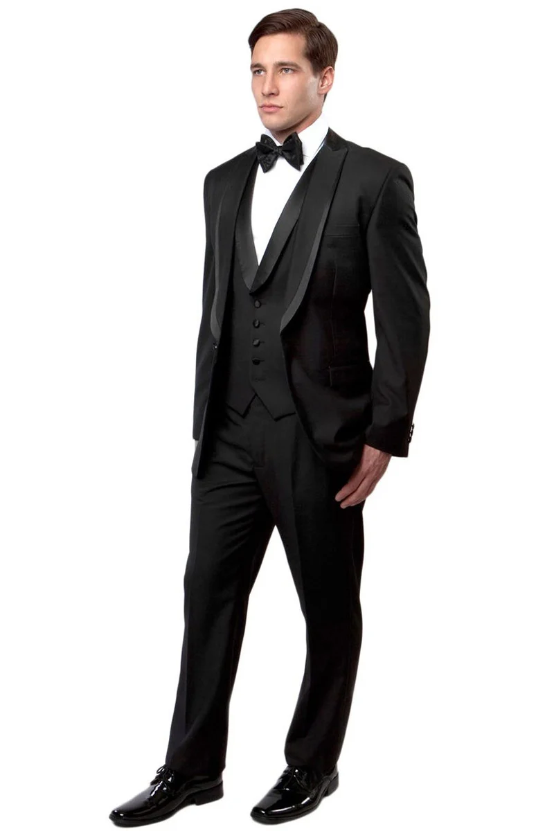 Men's One Button Satin Trimmed Peak Lapel Vested Fancy Tuxedo in Black - Image 2