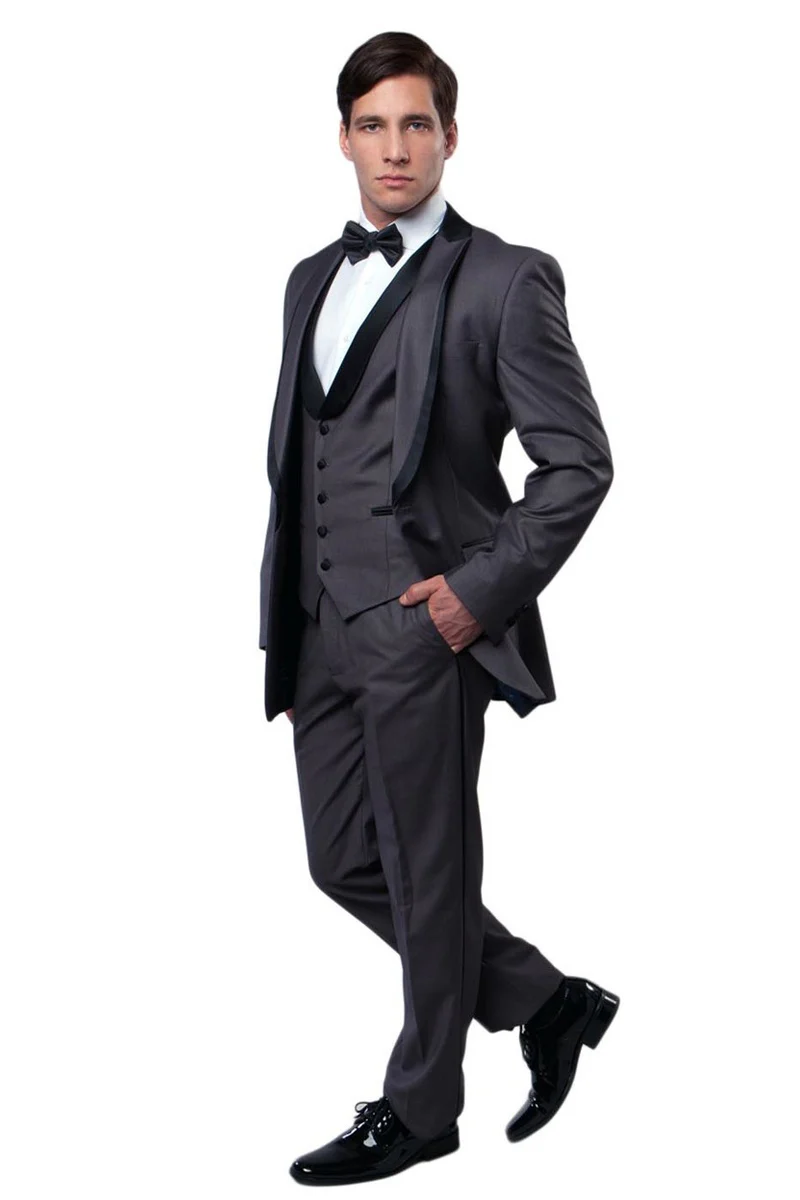 Men's One Button Satin Trimmed Peak Lapel Vested Fancy Tuxedo in Charcoal Grey - Image 2