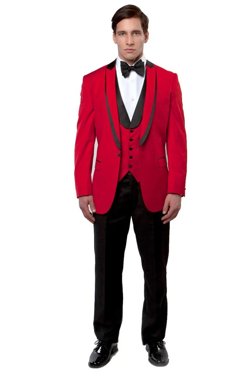 Men's One Button Satin Trimmed Peak Lapel Vested Fancy Tuxedo in Red - Image 2