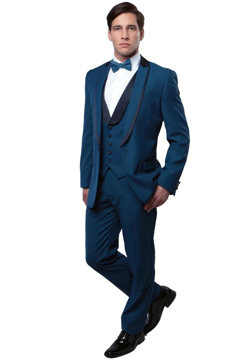 Men's One Button Satin Trimmed Peak Lapel Vested Fancy Tuxedo in Teal Blue - Image 2