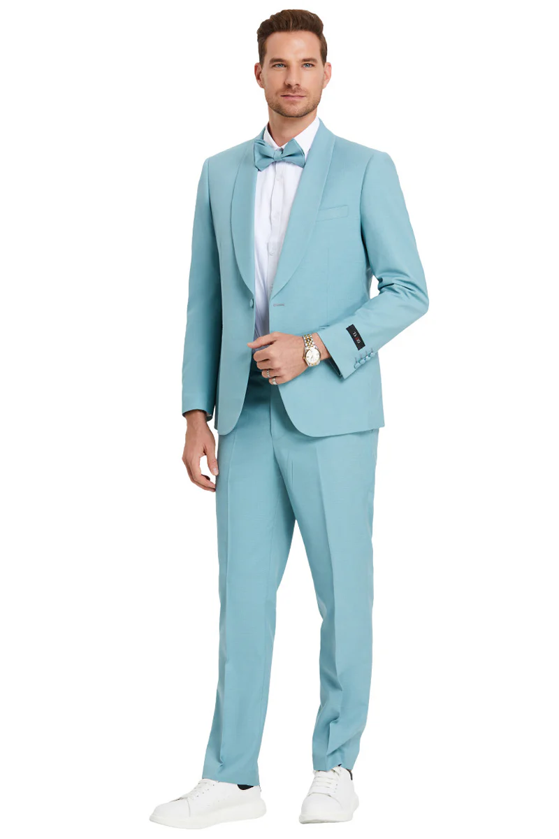 Men's One Button Shawl Lapel Dinner Jacket Style Wedding Suit in Aqua Blue - Image 2