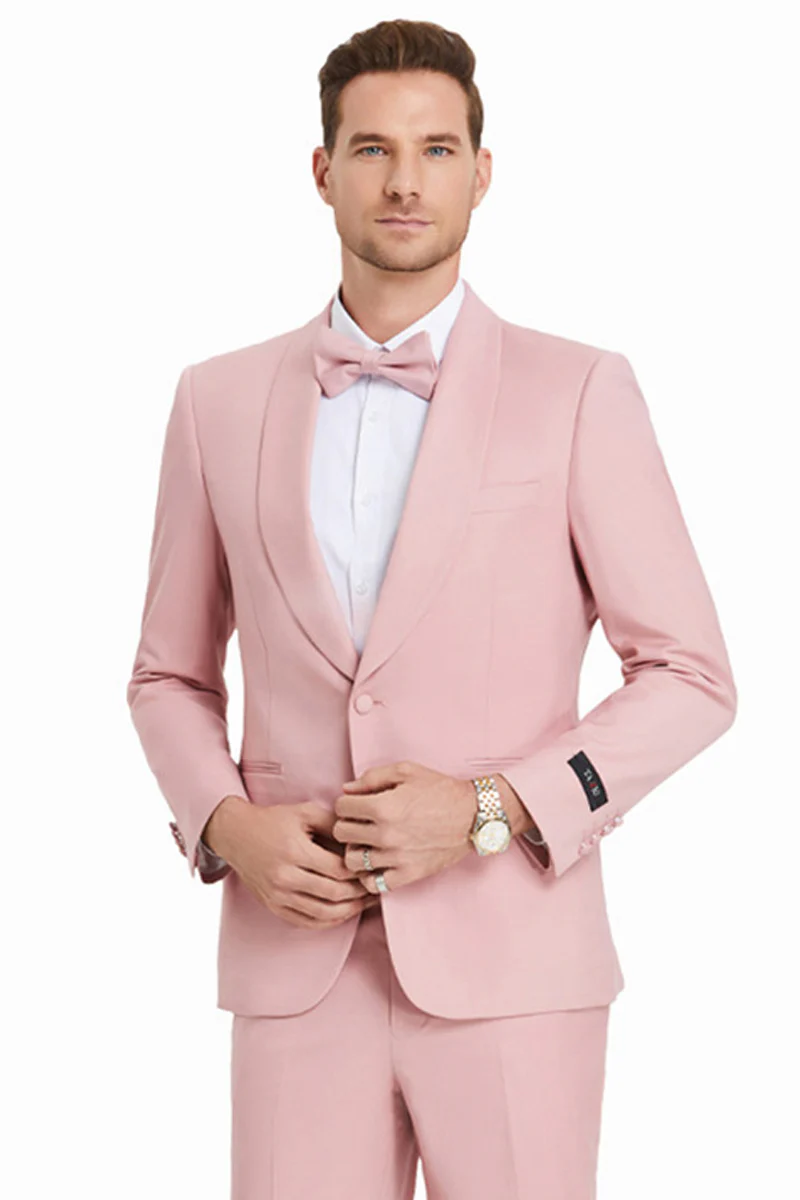 Men's One Button Shawl Lapel Dinner Jacket Style Wedding Suit in Blush Pink