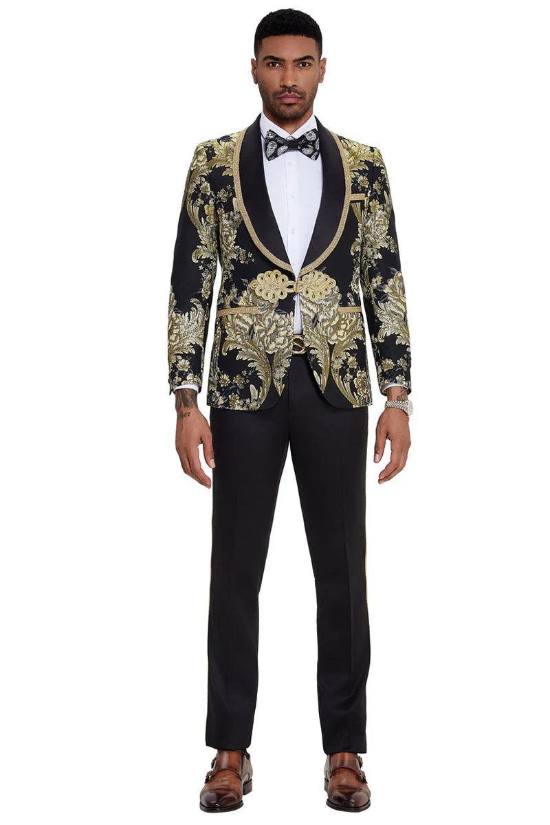 Men's One Button Shawl Lapel Wedding & Prom Tuxedo in Shiny Black Paisley - Image 2