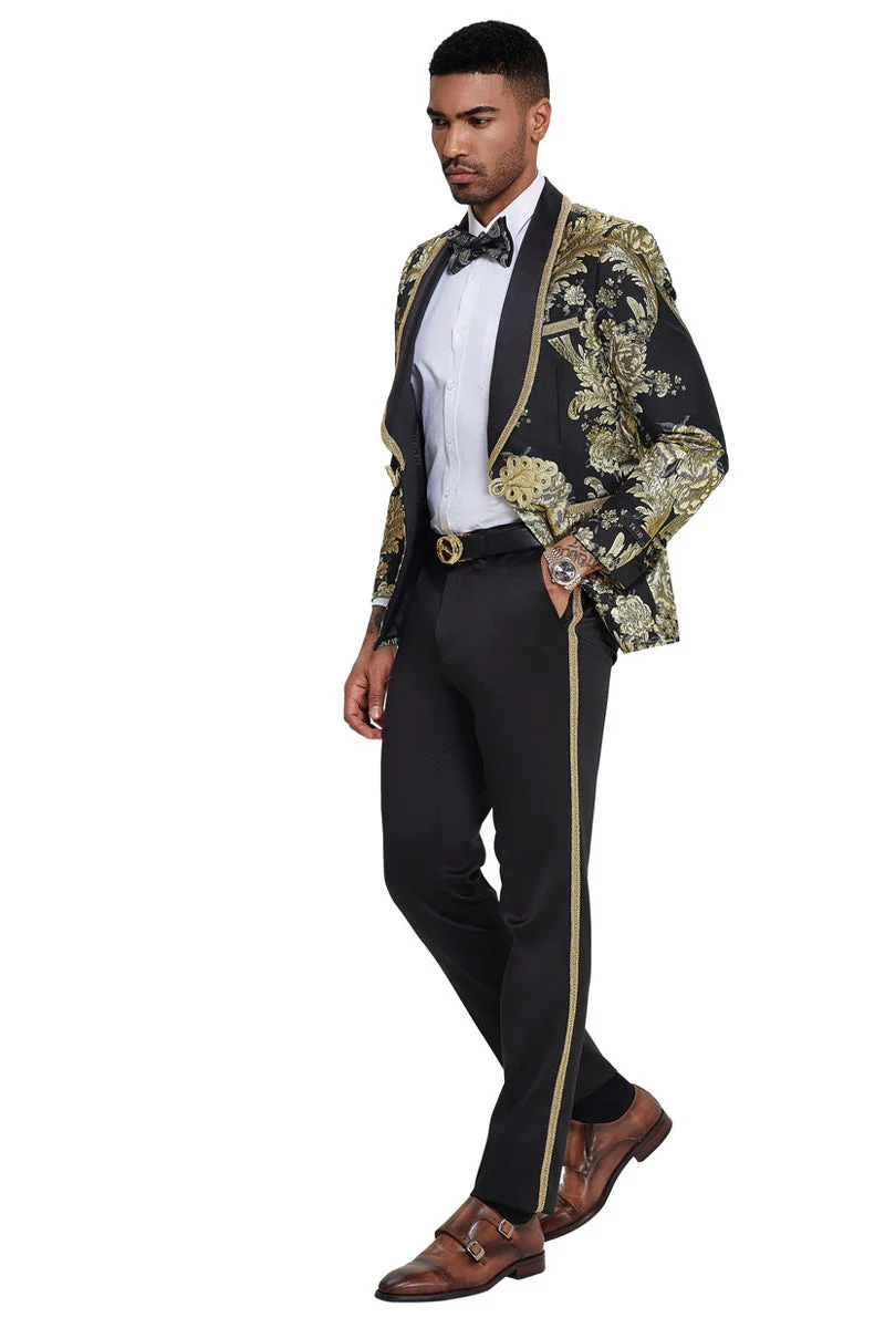 Men's One Button Shawl Lapel Wedding & Prom Tuxedo in Shiny Black Paisley - Image 3