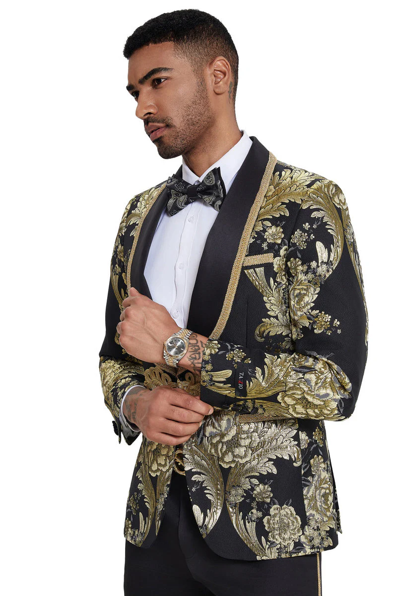 Men's One Button Shawl Lapel Wedding & Prom Tuxedo in Shiny Black Paisley - Image 4
