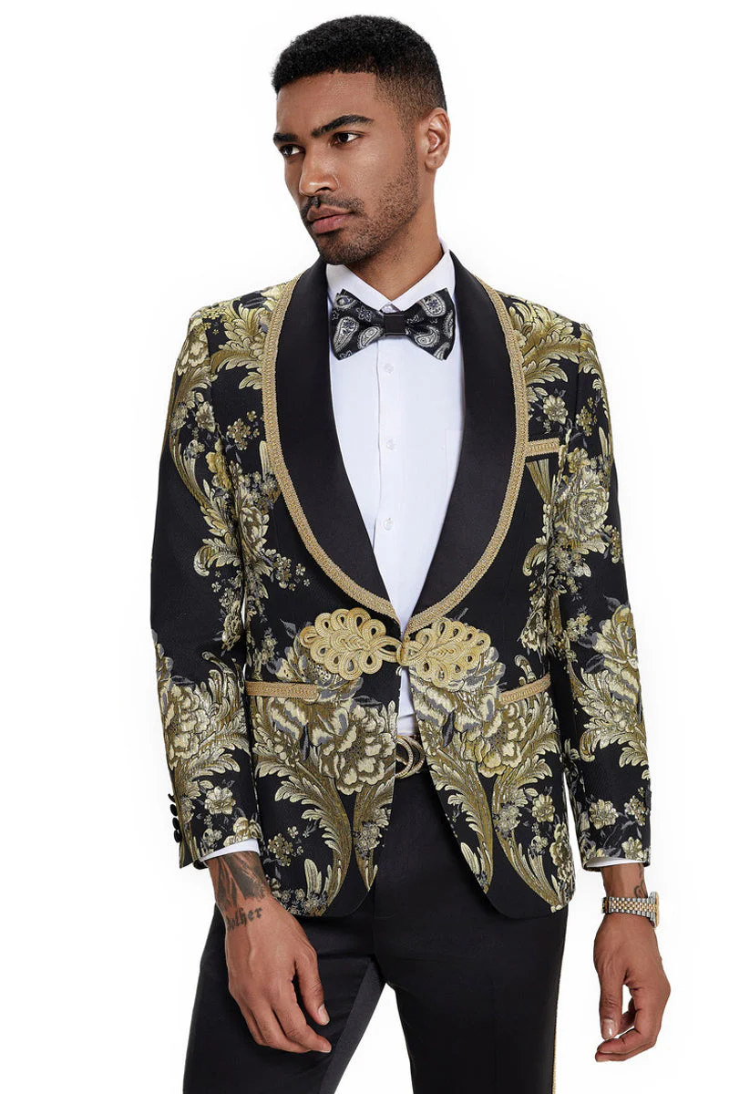 Men's One Button Shawl Lapel Wedding & Prom Tuxedo in Shiny Black Paisley - Image 5