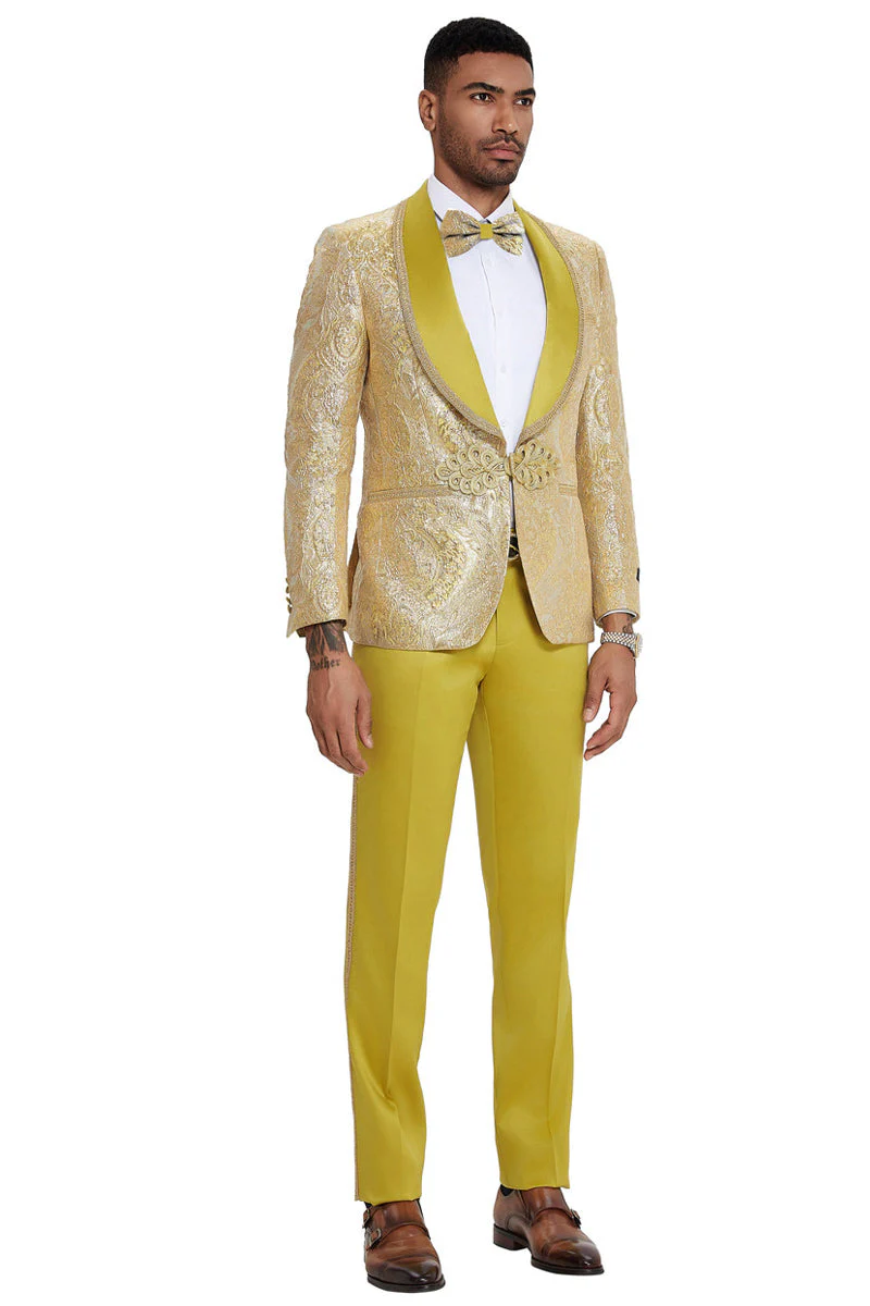 Men's One Button Shawl Lapel Wedding & Prom Tuxedo in Shiny Gold Paisley - Image 2