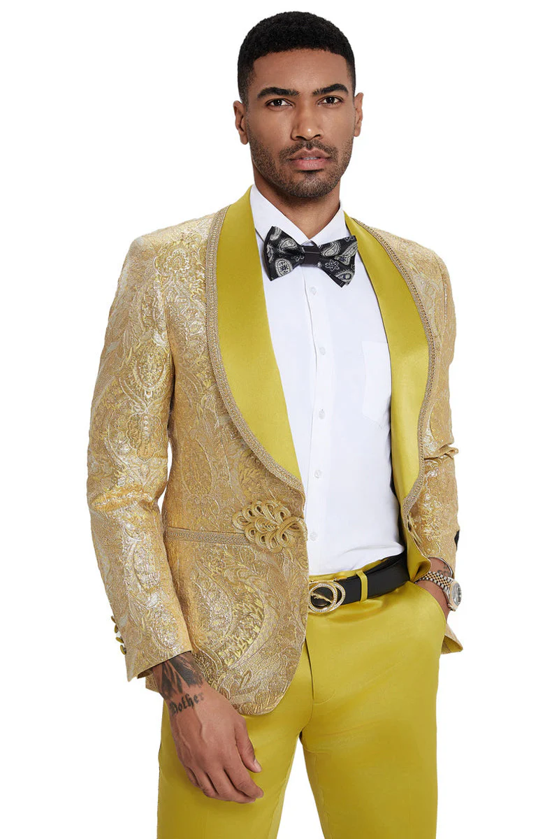 Men's One Button Shawl Lapel Wedding & Prom Tuxedo in Shiny Gold Paisley - Image 3