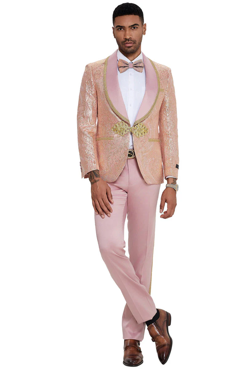Men's One Button Shawl Lapel Wedding & Prom Tuxedo in Shiny Pink Paisley - Image 2