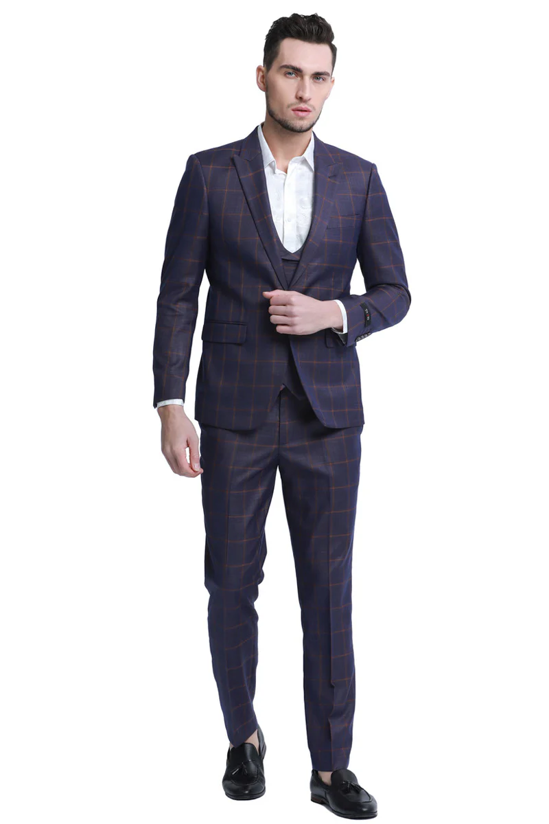 Men's One Button Slim Fit Double Breasted Vest Suit in Burgundy Plaid - Image 2