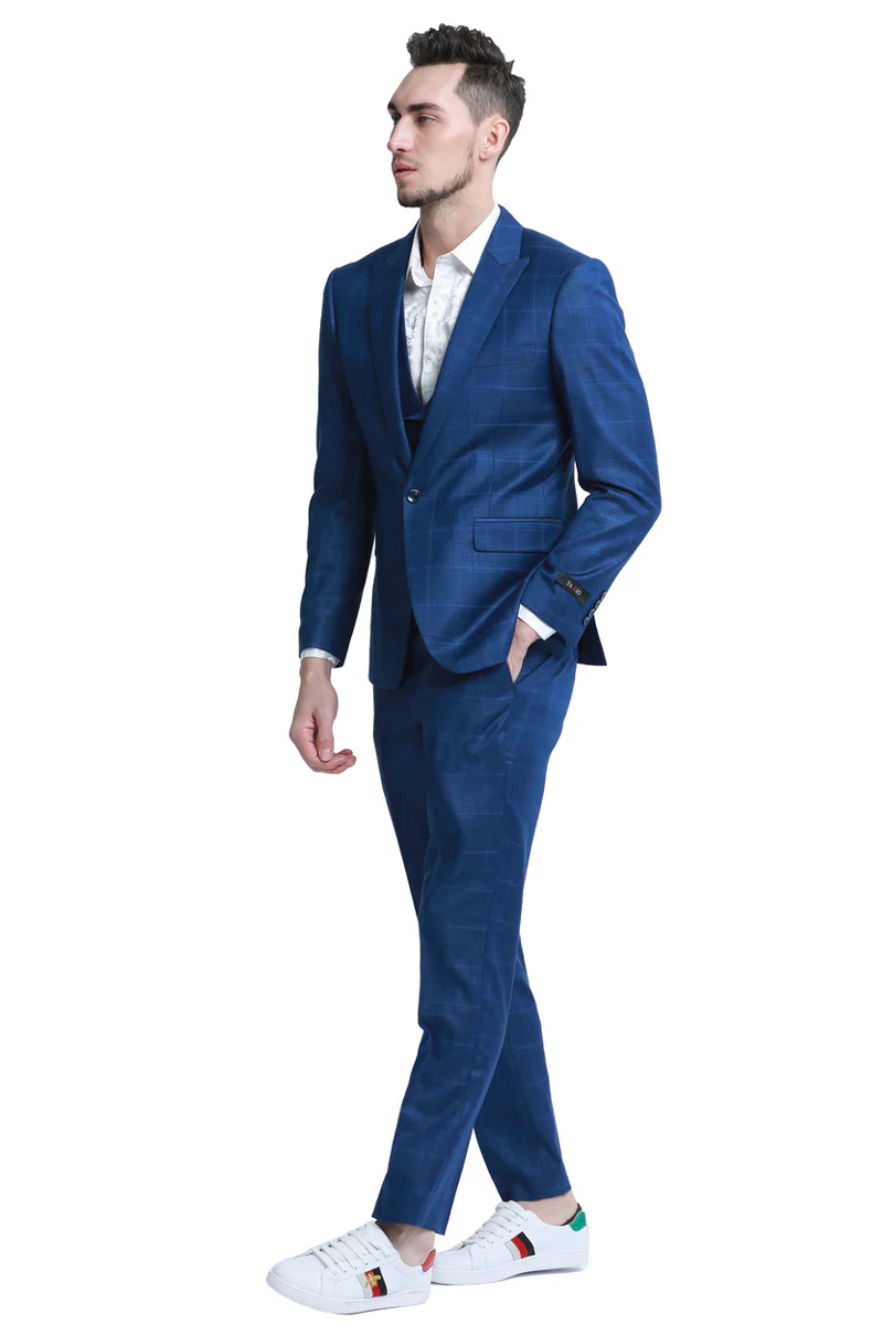 Men's One Button Slim Fit Double Breasted Vest Suit in Indigo Blue Plaid - Image 2