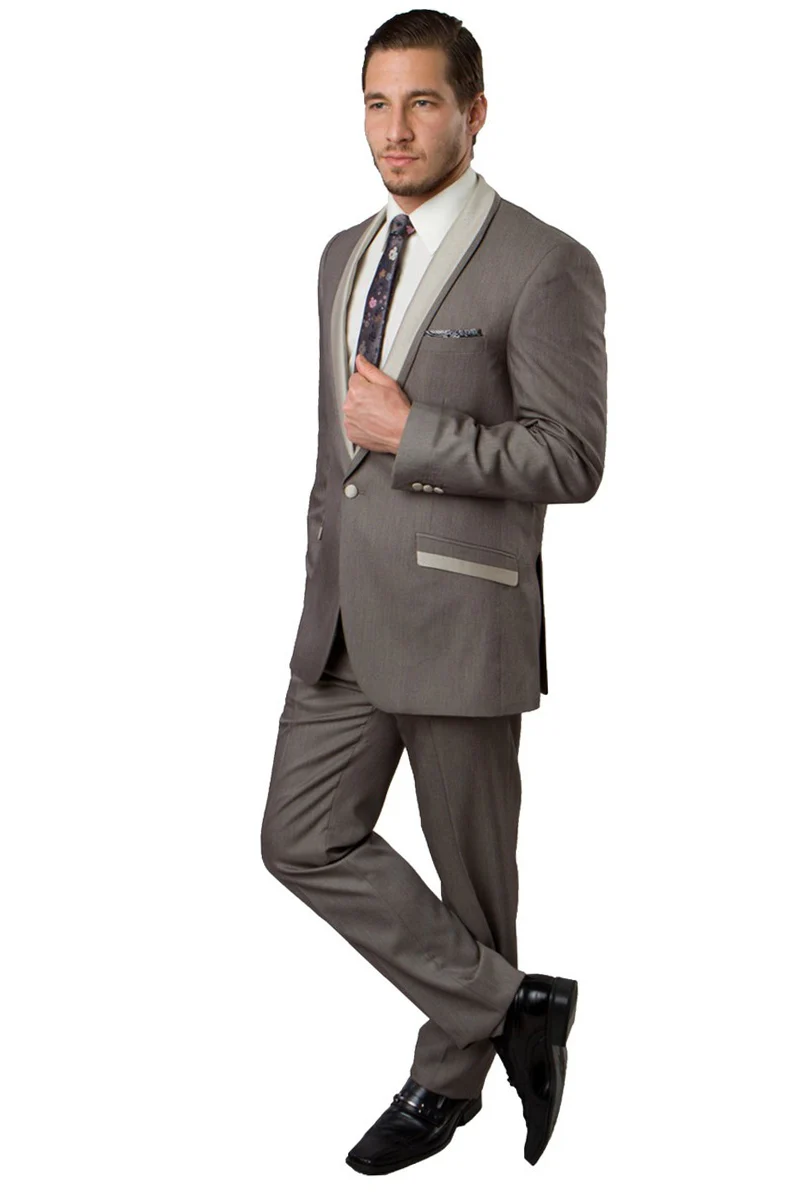 Men's One Button Slim Fit Shawl Lapel Tuxedo in Dark Tan Beige - Image 2