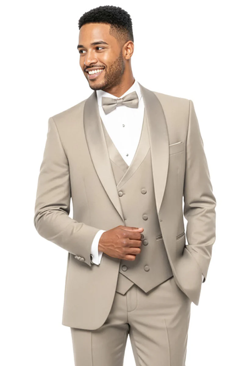Men's One Button Slim Fit Shawl Lapel Wedding Tuxedo with Double Breasted Vest in Beige