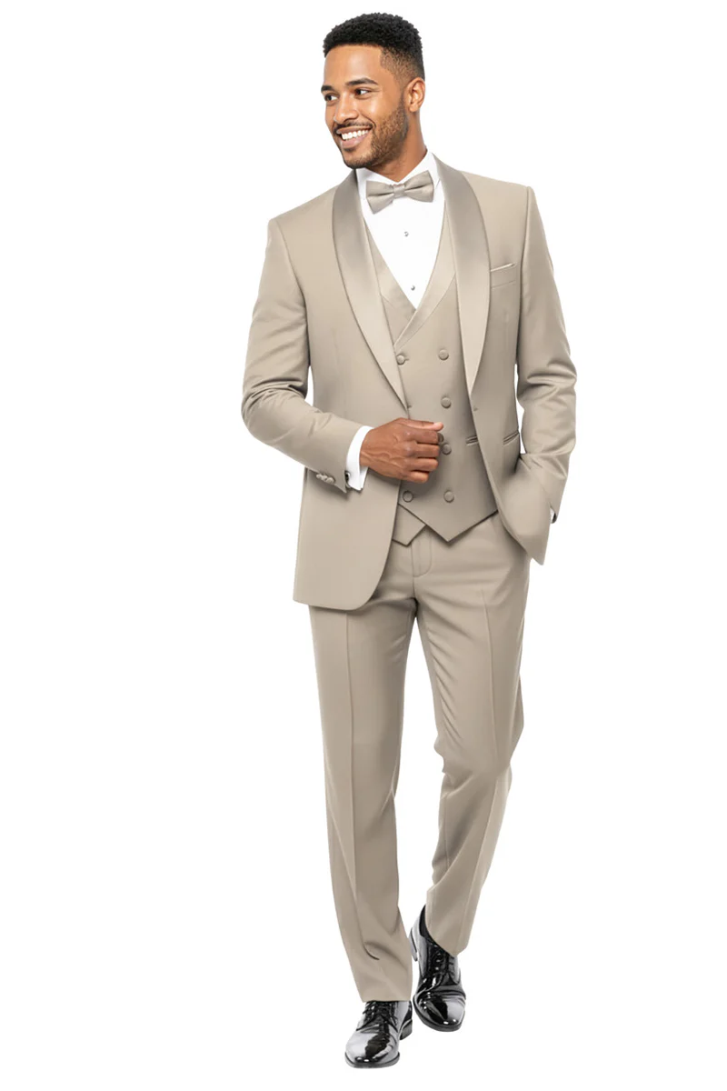 Men's One Button Slim Fit Shawl Lapel Wedding Tuxedo with Double Breasted Vest in Beige - Image 2