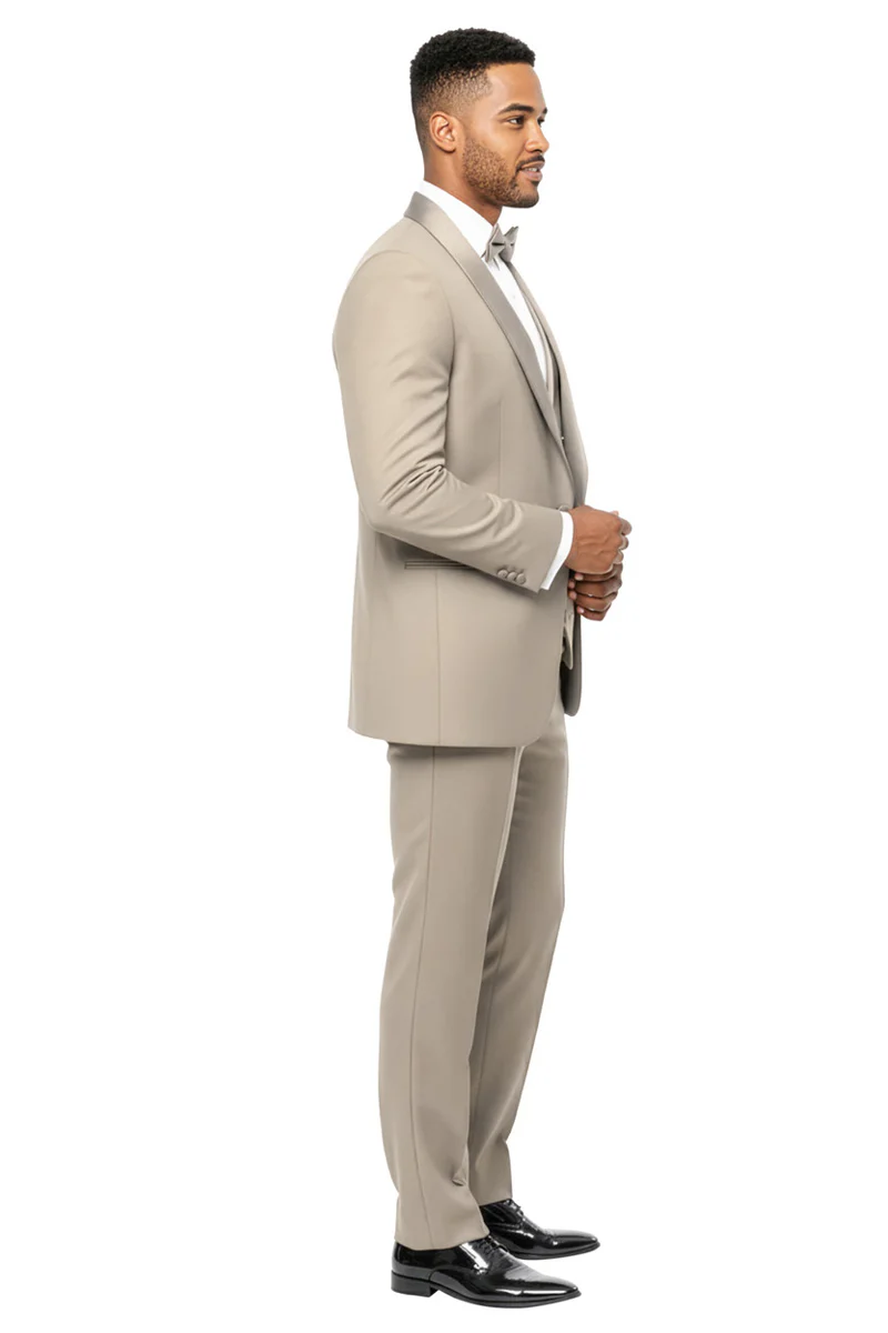 Men's One Button Slim Fit Shawl Lapel Wedding Tuxedo with Double Breasted Vest in Beige - Image 3