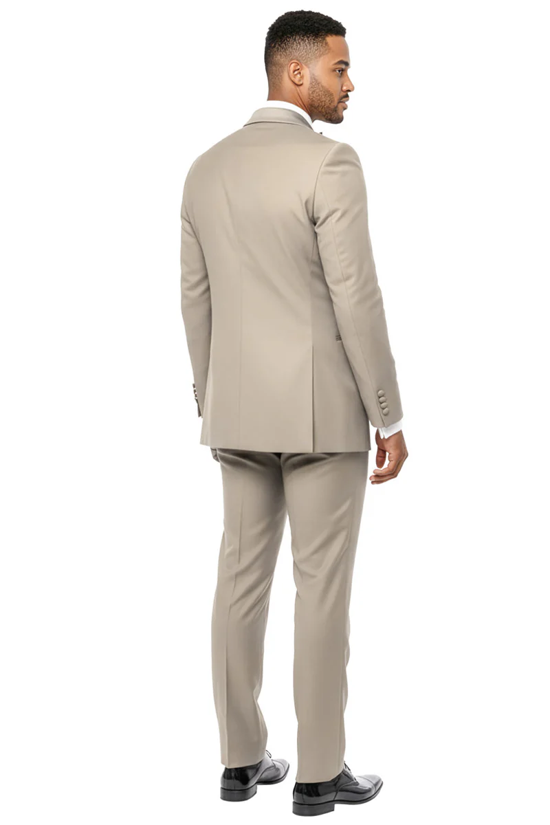 Men's One Button Slim Fit Shawl Lapel Wedding Tuxedo with Double Breasted Vest in Beige - Image 4