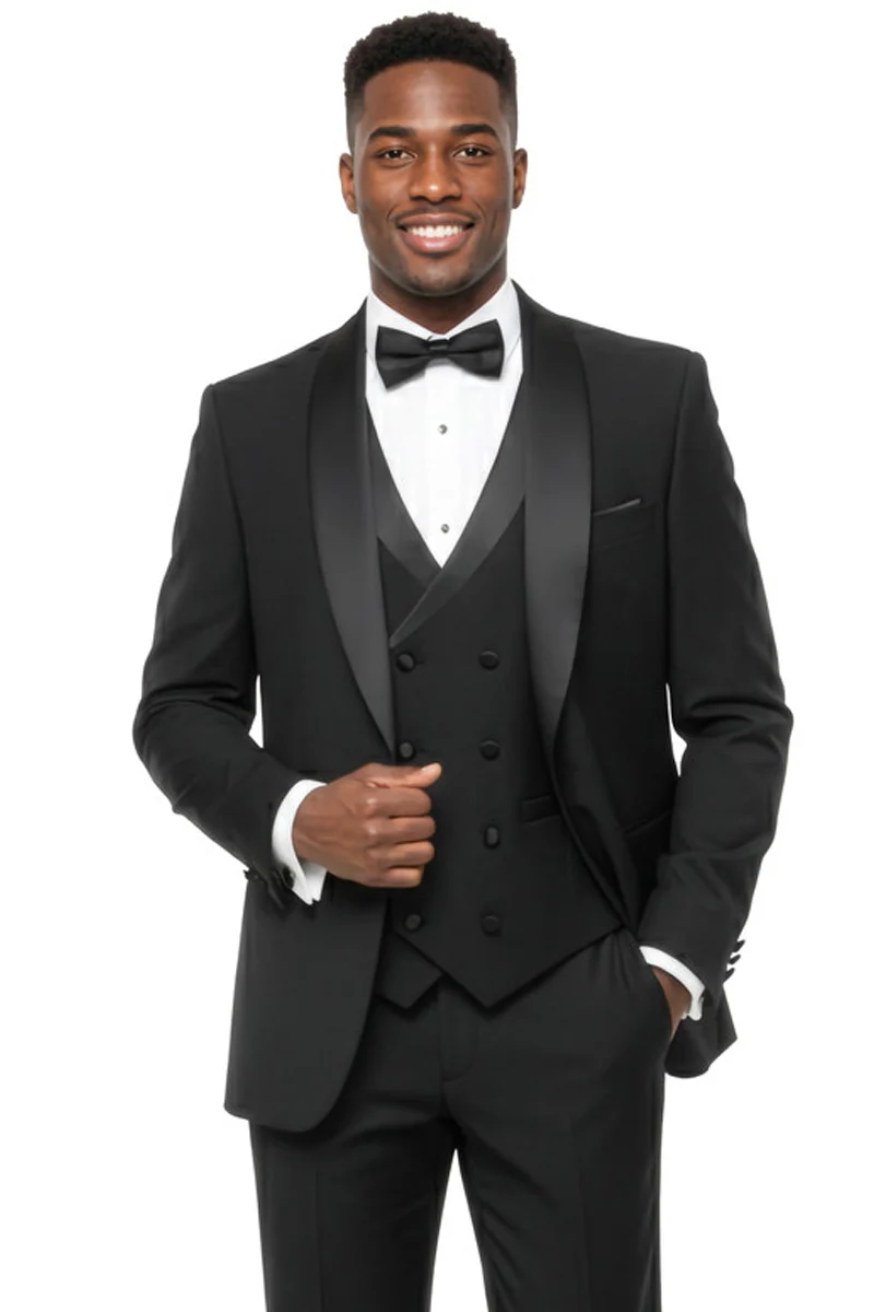 Men's One Button Slim Fit Shawl Lapel Wedding Tuxedo with Double Breasted Vest in Black