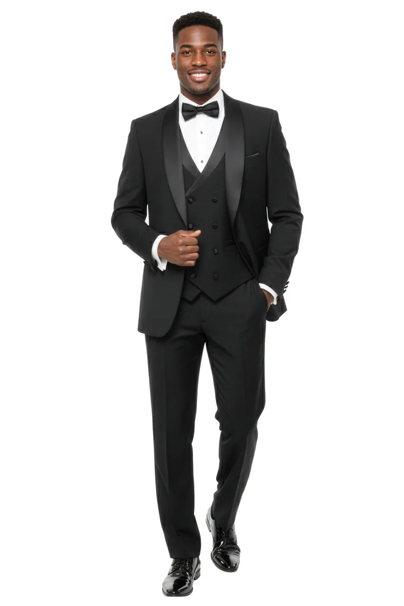 Men's One Button Slim Fit Shawl Lapel Wedding Tuxedo with Double Breasted Vest in Black - Image 2