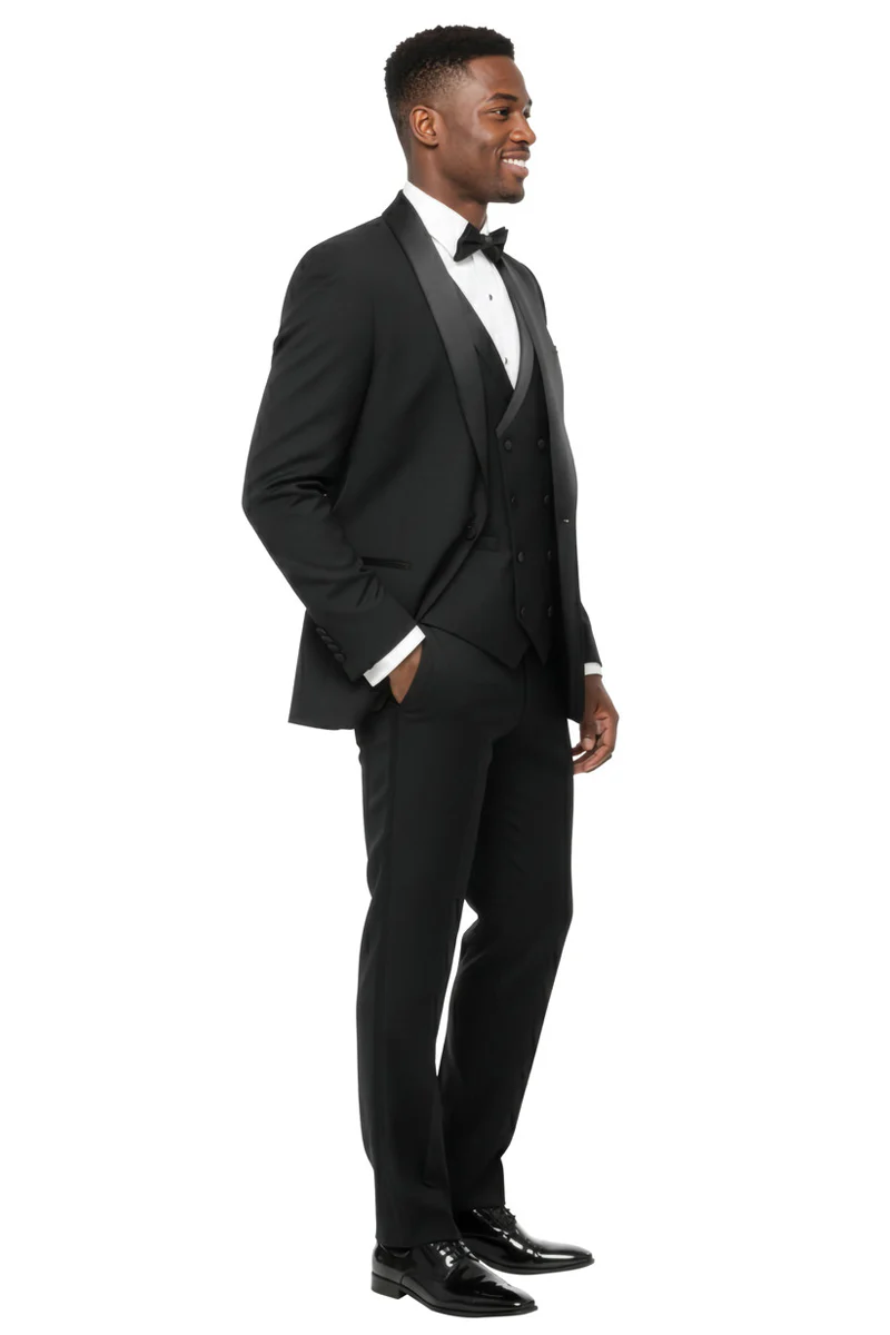 Men's One Button Slim Fit Shawl Lapel Wedding Tuxedo with Double Breasted Vest in Black - Image 3