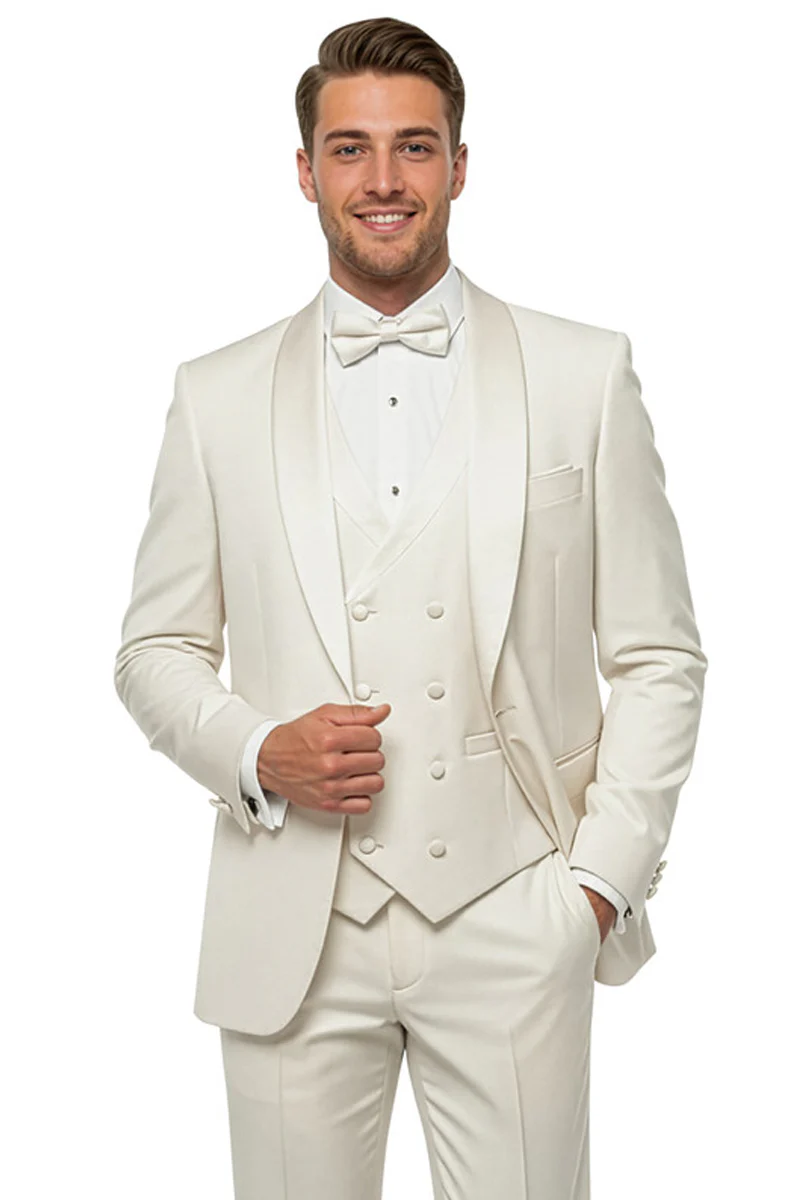 Men's One Button Slim Fit Shawl Lapel Wedding Tuxedo with Double Breasted Vest in Ivory