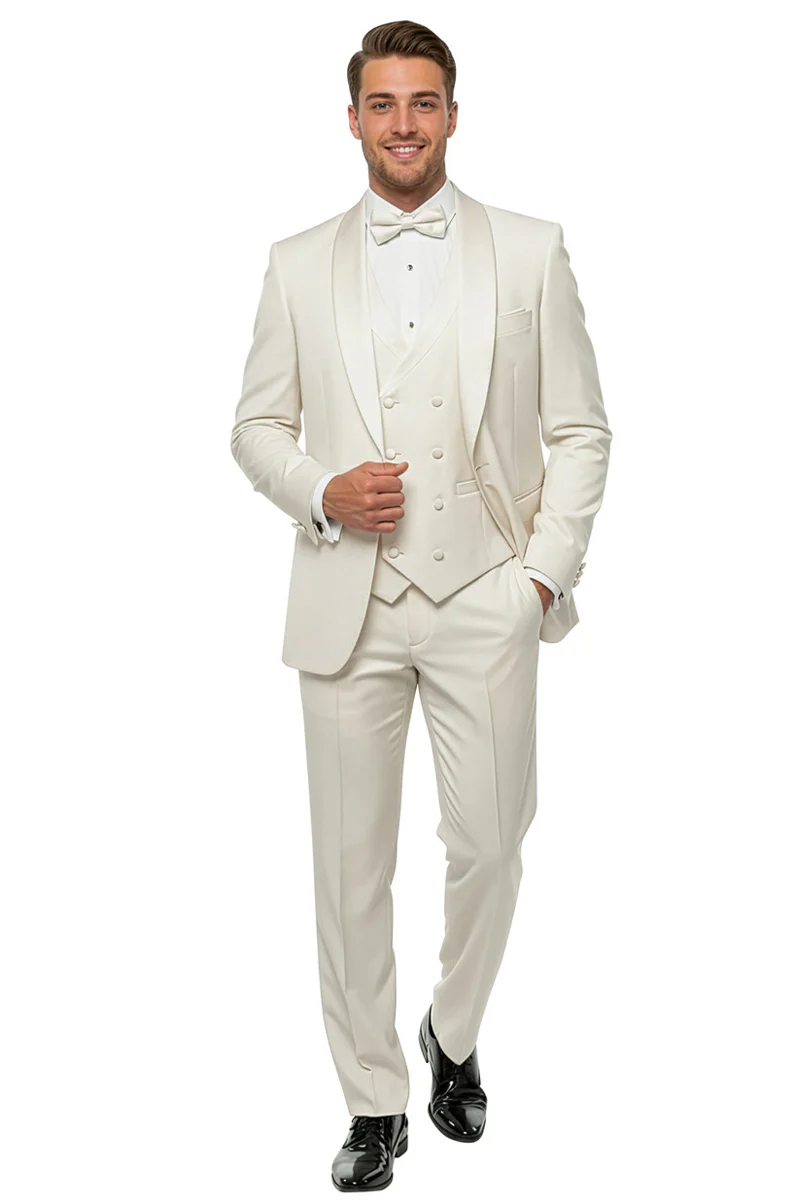 Men's One Button Slim Fit Shawl Lapel Wedding Tuxedo with Double Breasted Vest in Ivory - Image 2