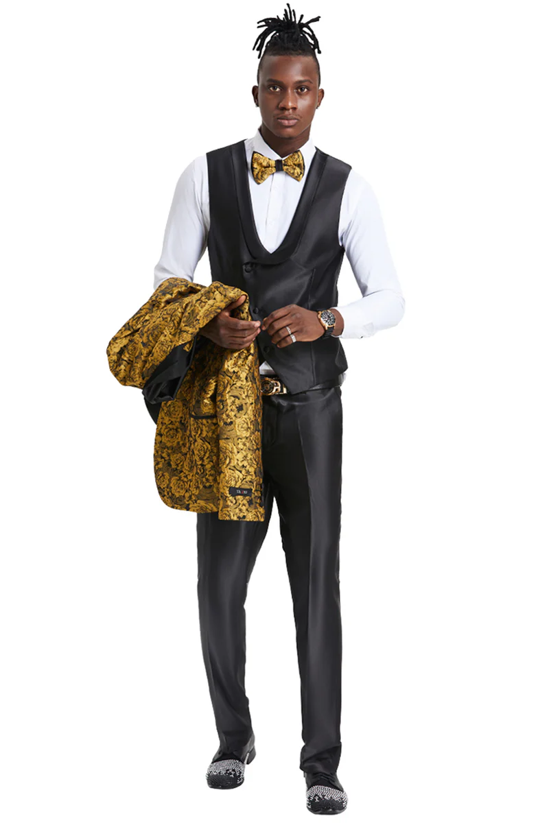 Men's One Button Slim Fit Shiny Paisley Floral Vested Prom Tuxedo in Gold - Image 3